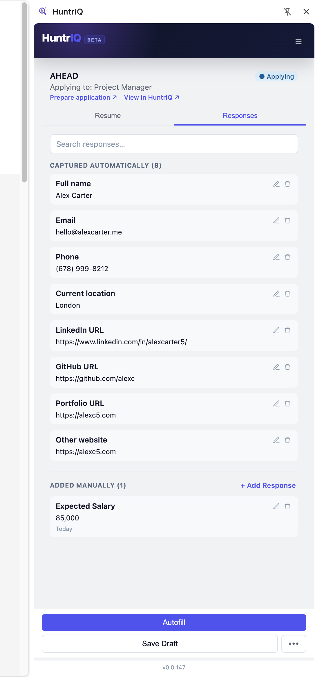 The HuntrIQ Chrome extension, showing application answers captured automatically from a job posting