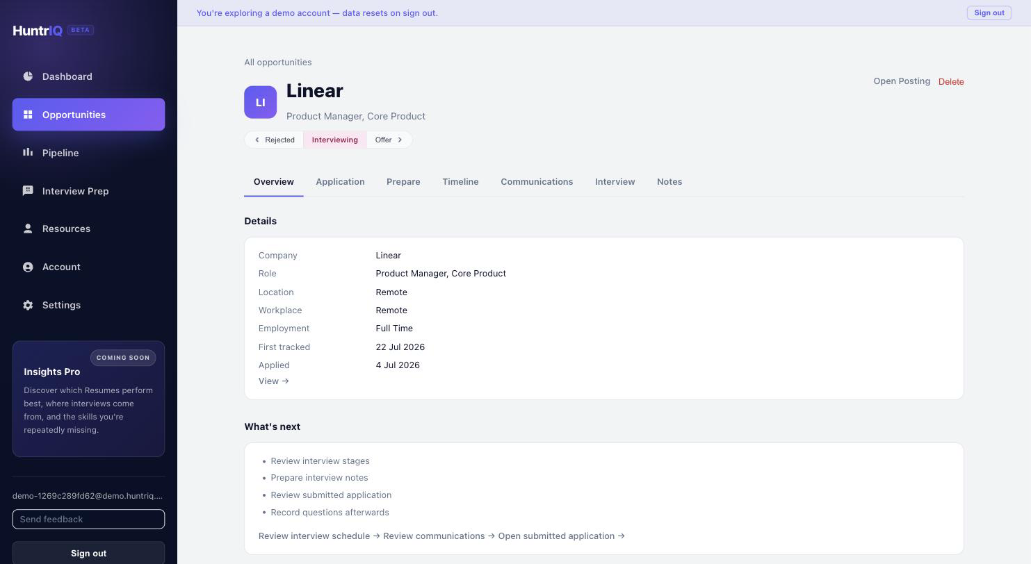 A HuntrIQ opportunity workspace, showing the job description, resume snapshot, and saved application answers together