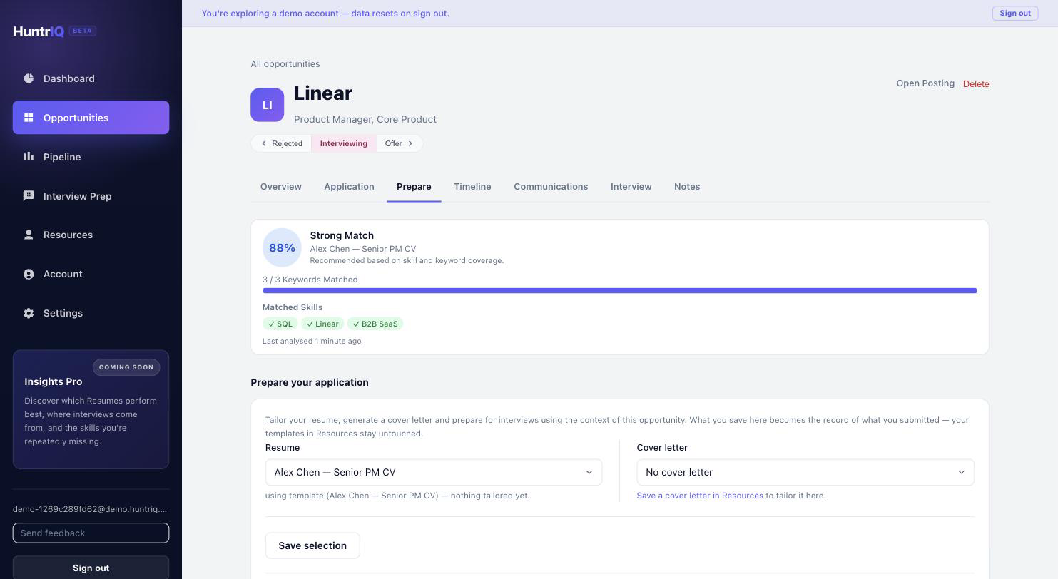 The HuntrIQ Prepare tab, showing an AI fit analysis and CV tailoring options for an opportunity